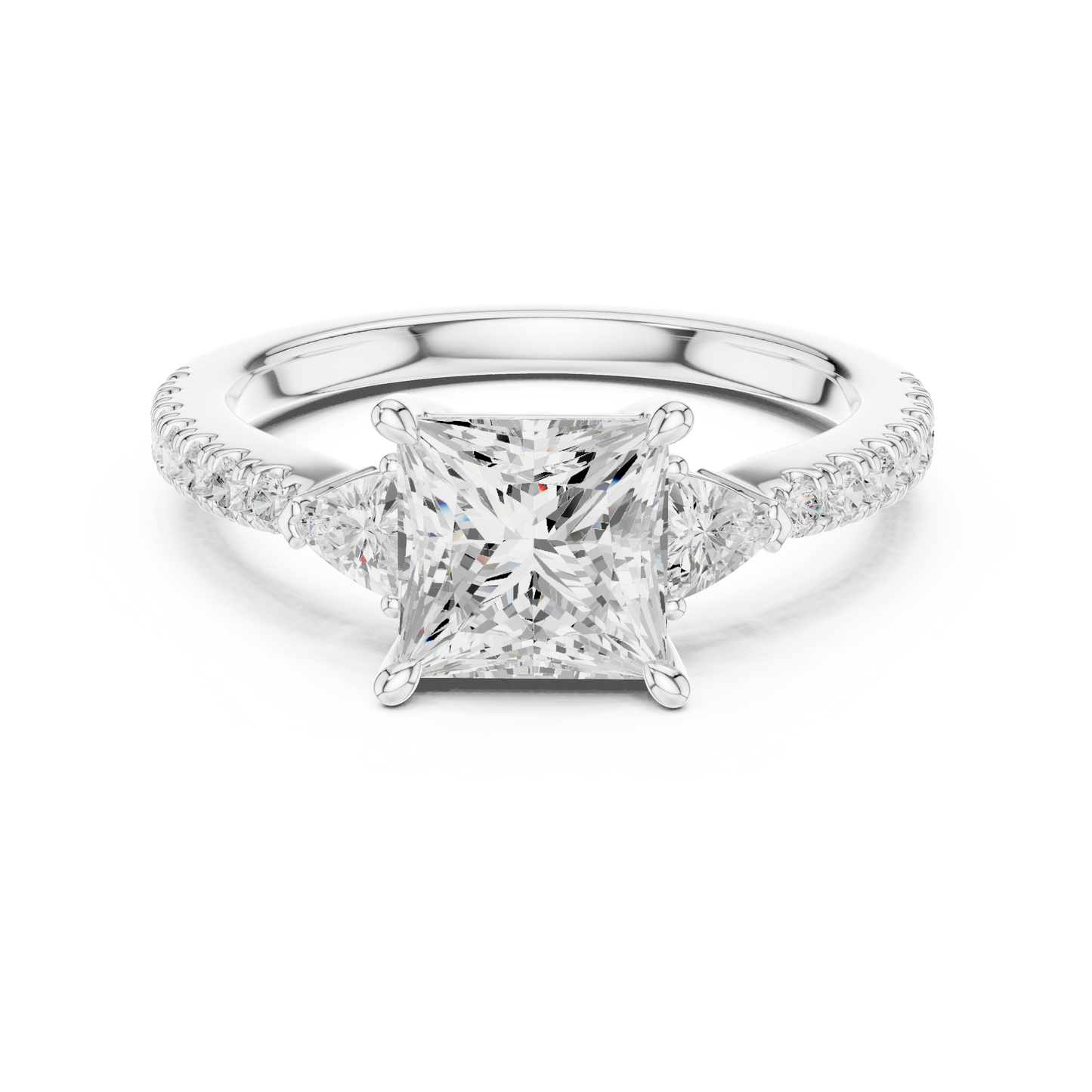 Three-stone engagement ring with princess-cut center and trillion-cut side diamonds in 935 silver

White gold engagement ring featuring princess center, trillion side stones, and pavé band

Modern women’s engagement ring with sparkling pavé accents