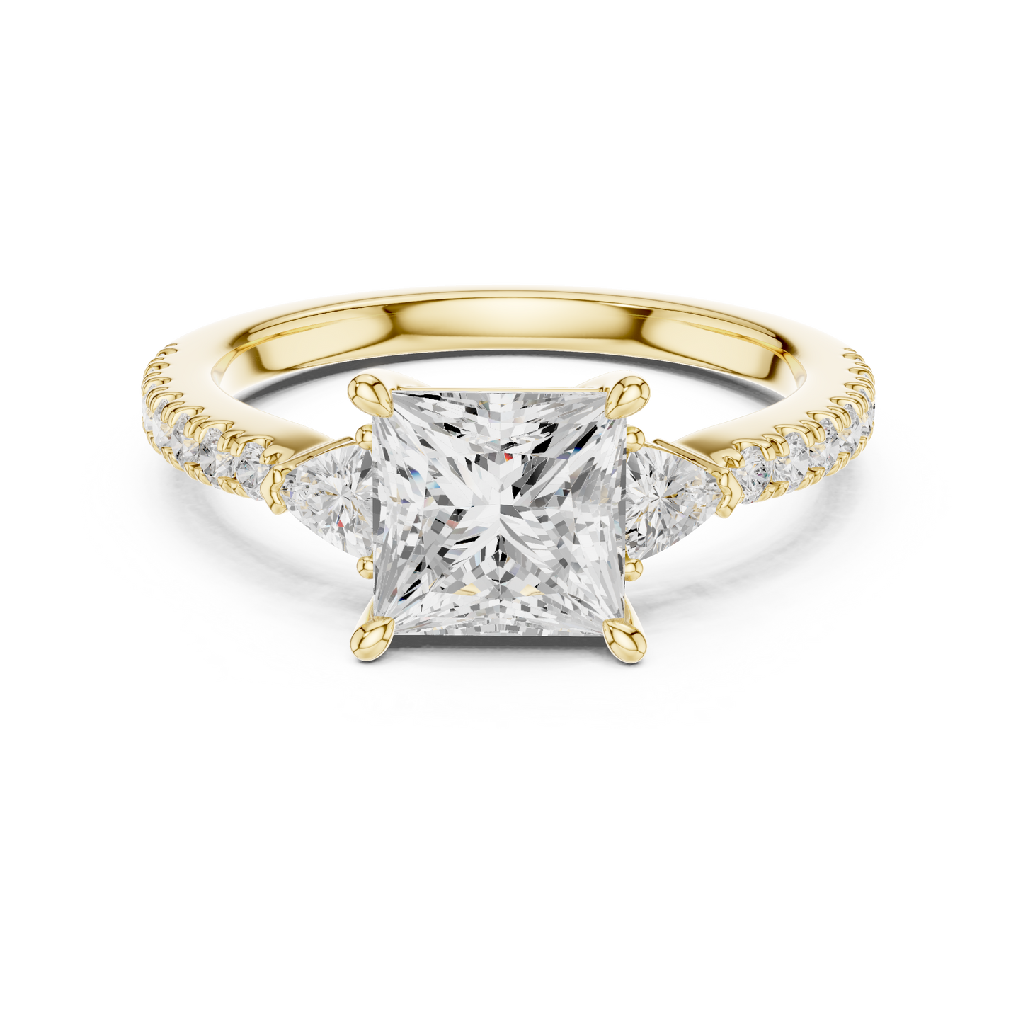 Princess-Cut Center Diamond Engagement Ring | Trillion Side Stones on Pavé Band