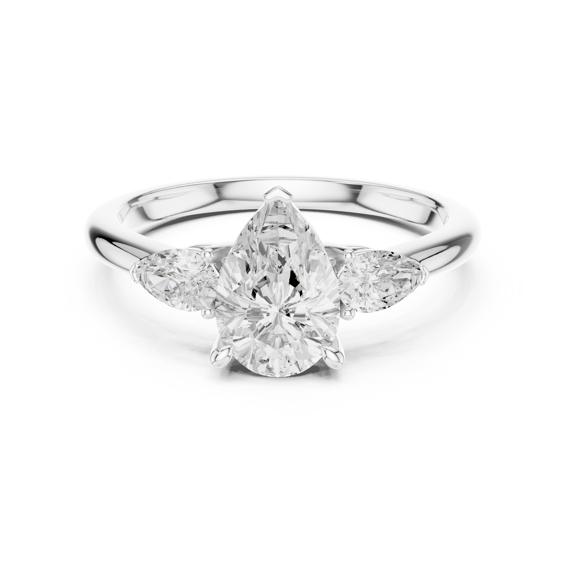 Pear-shaped three-stone engagement ring with lab-grown center diamond in 935 silver

White gold engagement ring featuring pear-cut center and two side diamonds

Elegant women’s three-stone engagement ring with lab-grown diamonds