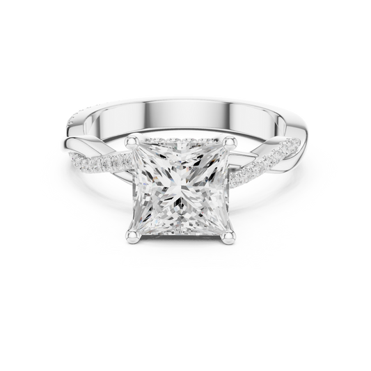Princess-cut engagement ring with twisted vine band and pavé diamonds in 935 silver

White gold engagement ring featuring princess-cut center and pavé vine design

Elegant women’s engagement ring with sparkling twisted vine pavé accents