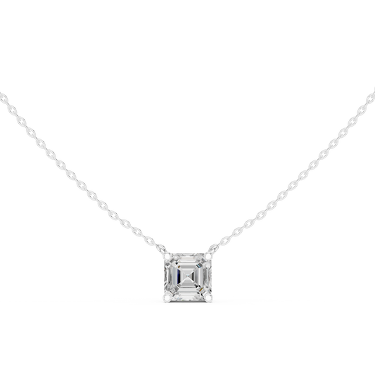 Asscher-cut diamond solitaire pendant in 935 silver

Elegant white gold necklace featuring Asscher-cut diamond

Vintage-inspired women’s pendant with solitaire Asscher-cut diamond