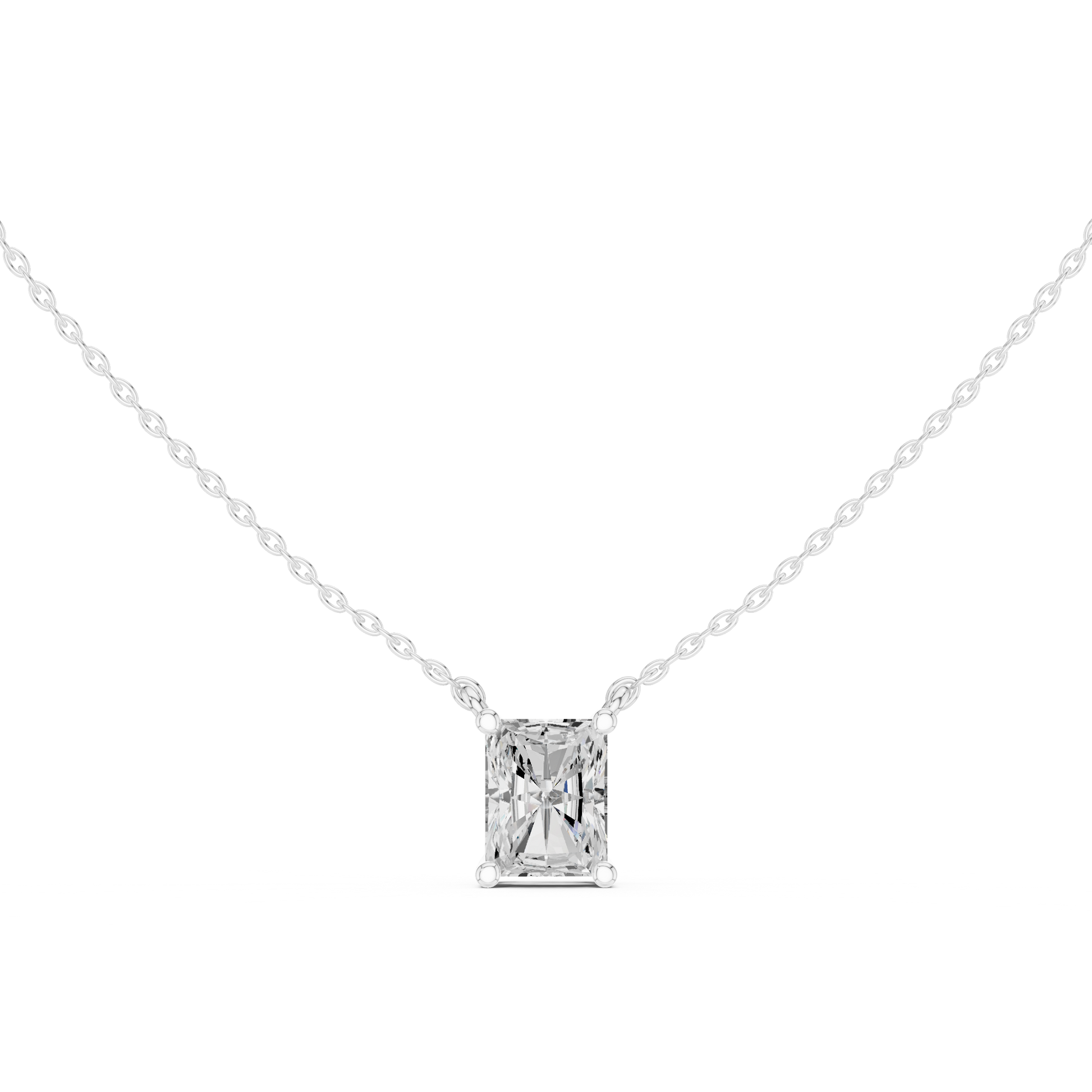 Radiant-cut diamond solitaire pendant in 935 silver

Elegant white gold necklace featuring radiant-cut diamond

Modern women’s pendant with solitaire radiant diamond