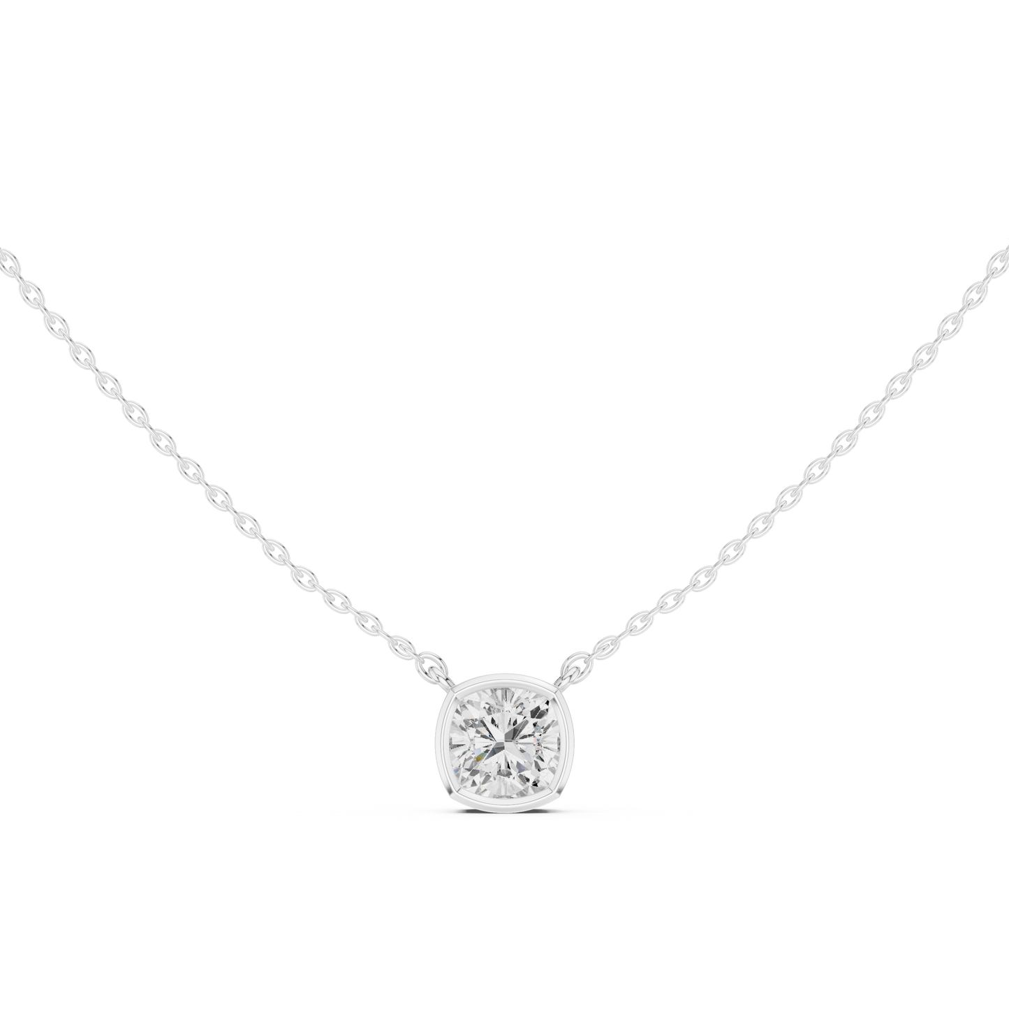 Cushion-shaped diamond solitaire pendant in bezel setting

Elegant white gold necklace featuring cushion-cut diamond

Modern women’s pendant with bezel-set cushion solitaire diamond