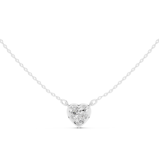 Heart-shaped diamond solitaire pendant in bezel setting

Elegant white gold necklace featuring heart-cut diamond

Romantic women’s pendant with bezel-set heart solitaire diamond