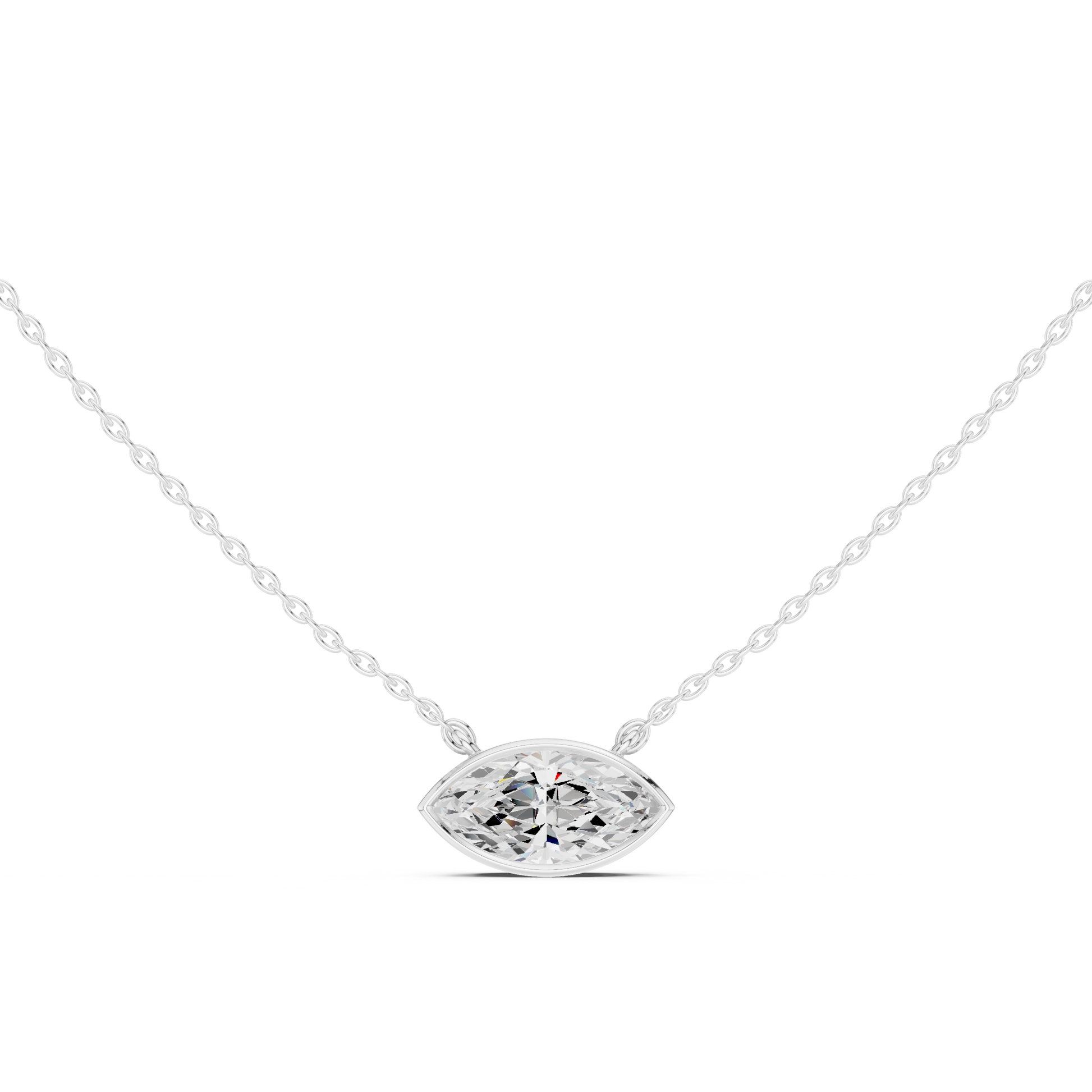 Marquise-cut lab-grown diamond solitaire necklace in 935 silver

White gold pendant featuring marquise-cut bezel-set diamond

Elegant women’s necklace with marquise-cut solitaire diamond