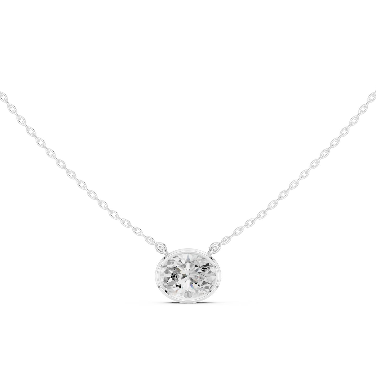 Oval-cut diamond solitaire pendant in white gold bezel setting

Elegant white gold necklace featuring oval-cut diamond

Modern women’s pendant with bezel-set oval solitaire diamond