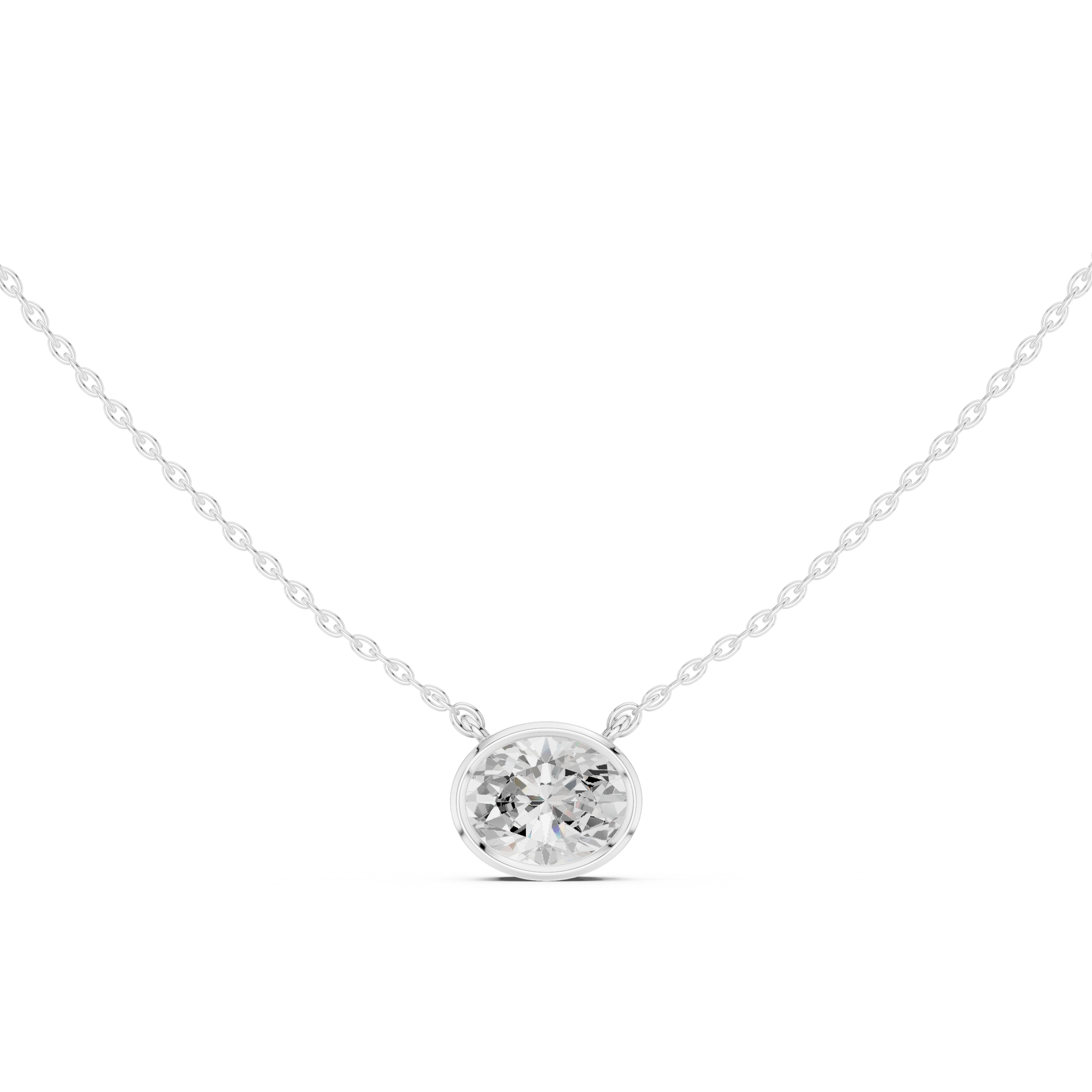 Oval-cut diamond solitaire pendant in white gold bezel setting

Elegant white gold necklace featuring oval-cut diamond

Modern women’s pendant with bezel-set oval solitaire diamond