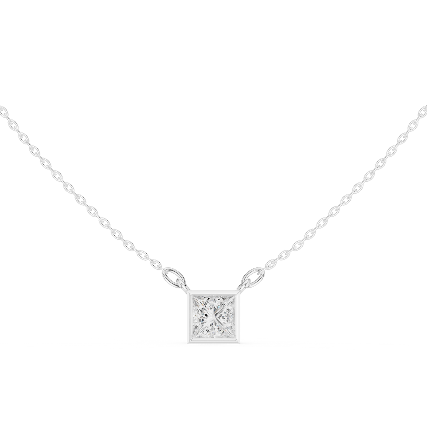 Princess-cut solitaire diamond pendant in 935 silver

White gold necklace featuring princess-cut diamond

Modern women’s pendant with solitaire princess-cut diamond