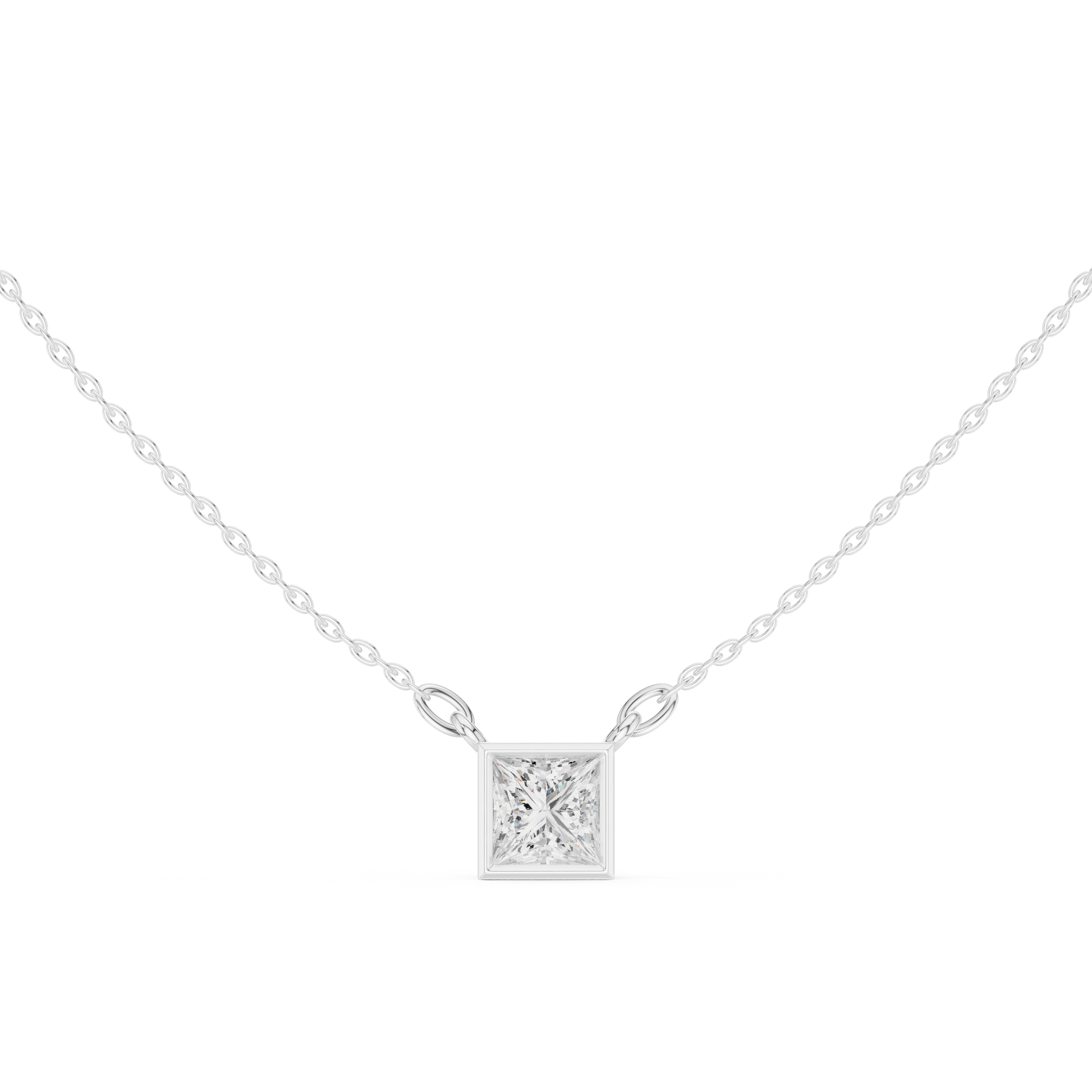 Princess-cut solitaire diamond pendant in 935 silver

White gold necklace featuring princess-cut diamond

Modern women’s pendant with solitaire princess-cut diamond