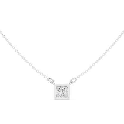 Princess-cut solitaire diamond pendant in 935 silver

White gold necklace featuring princess-cut diamond

Modern women’s pendant with solitaire princess-cut diamond