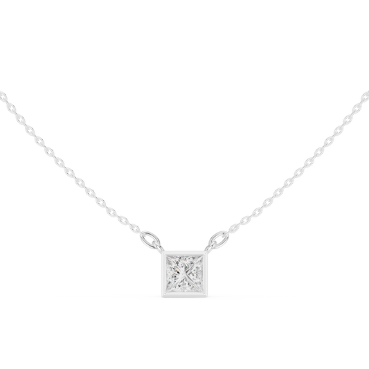 Princess-cut solitaire diamond pendant in 935 silver

White gold necklace featuring princess-cut diamond

Modern women’s pendant with solitaire princess-cut diamond