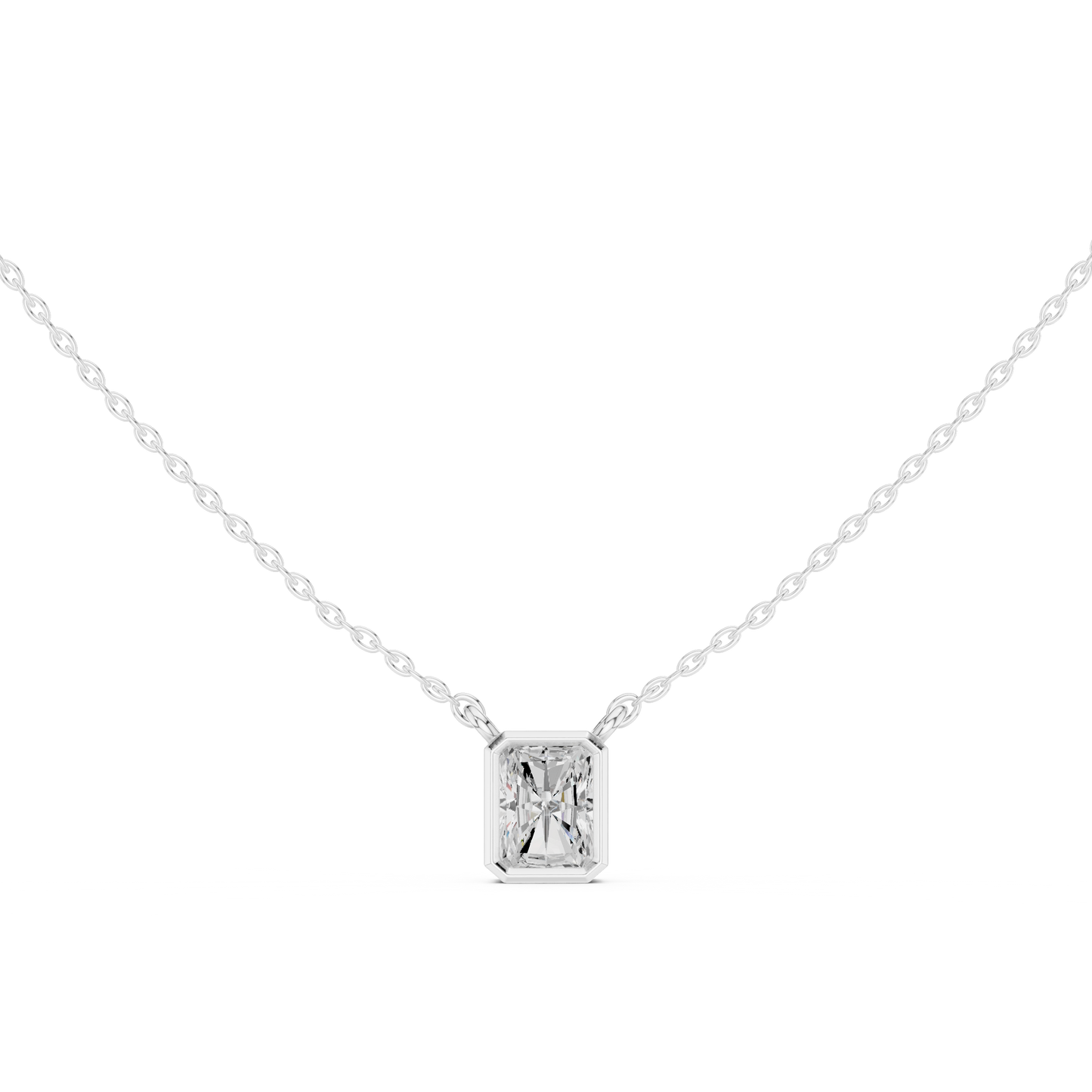Radiant-cut lab-grown diamond solitaire pendant in 935 silver

White gold pendant featuring bezel-set radiant diamond

Modern women’s pendant with radiant-cut solitaire diamond