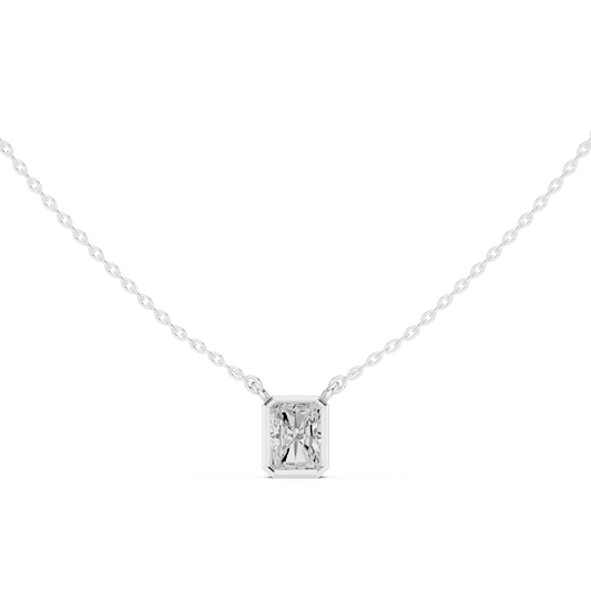 Radiant-cut lab-grown diamond solitaire pendant in 935 silver

White gold pendant featuring bezel-set radiant diamond

Modern women’s pendant with radiant-cut solitaire diamond