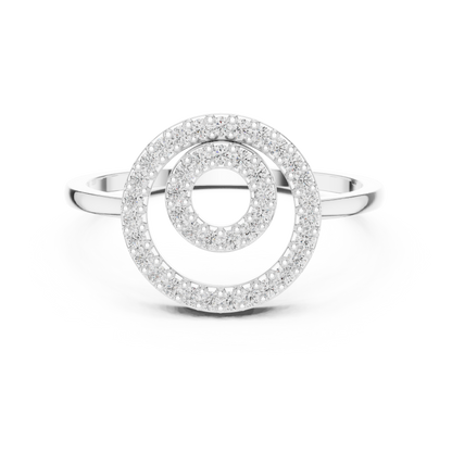 Diamond double circle ring featuring two interlocking circles adorned with sparkling diamonds