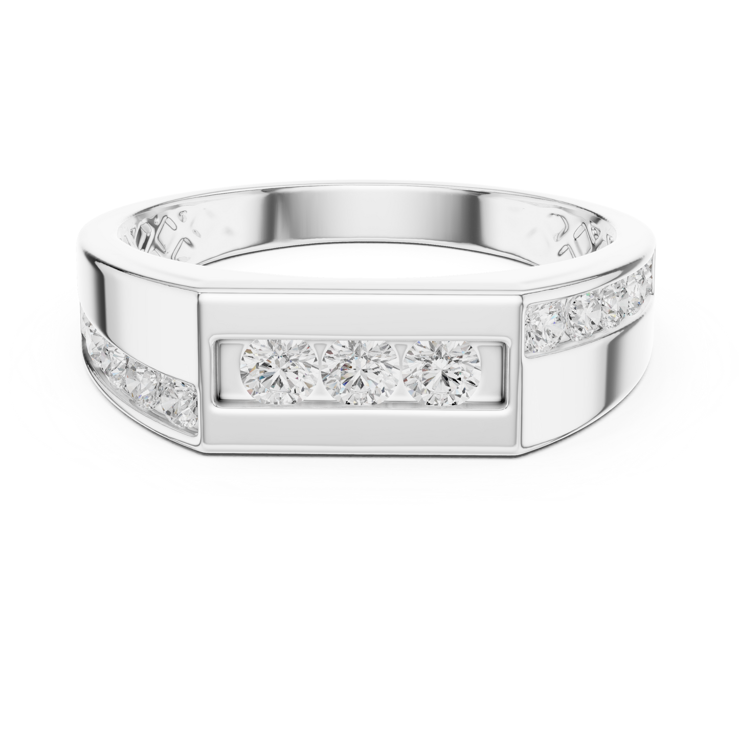 Men’s diamond ring with three horizontally set round diamonds in 935 silver

Bold white gold men’s ring featuring three-stone center and channel-set shoulders

Masculine men’s engagement or wedding ring with round-cut diamonds
