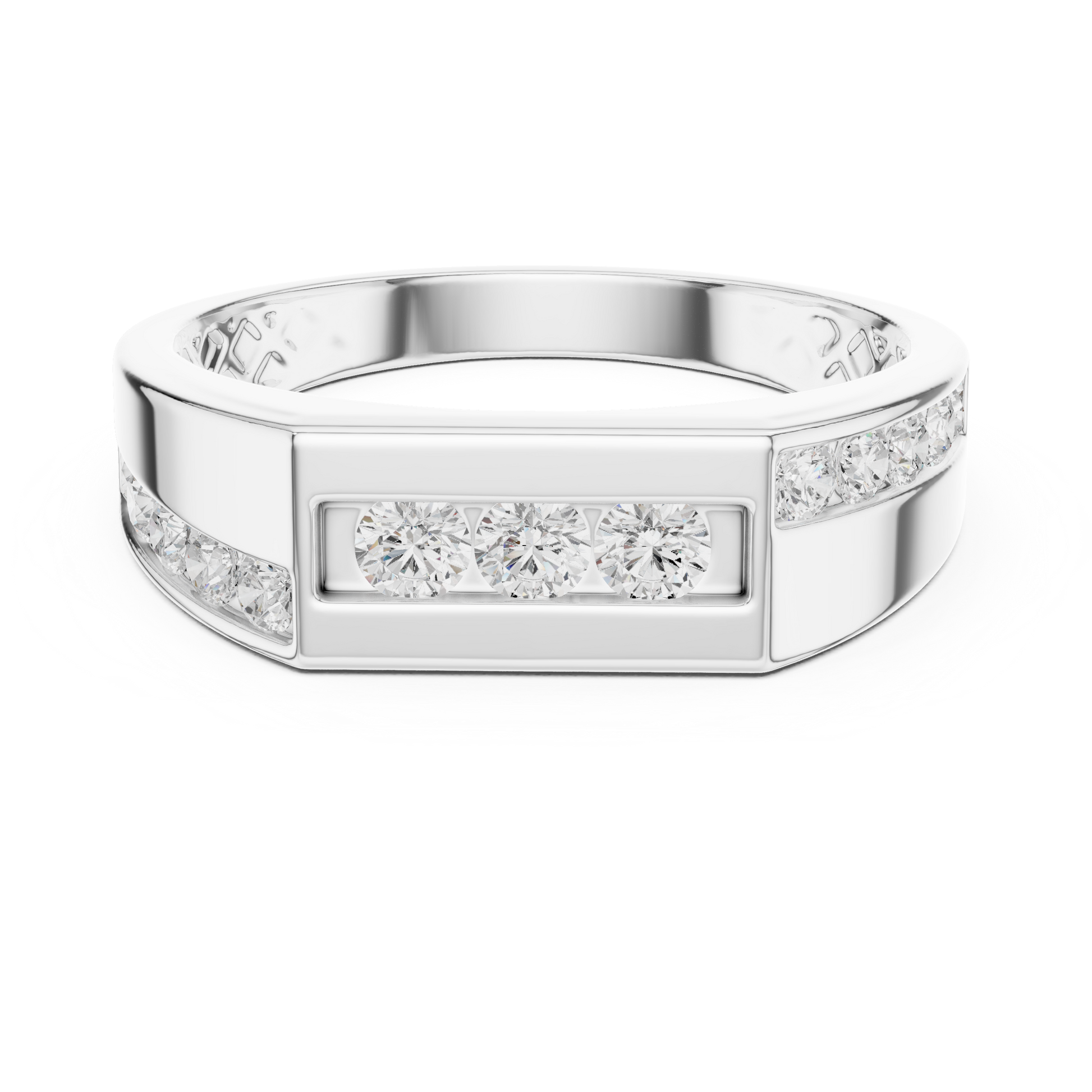 Men’s diamond ring with three horizontally set round diamonds in 935 silver

Bold white gold men’s ring featuring three-stone center and channel-set shoulders

Masculine men’s engagement or wedding ring with round-cut diamonds