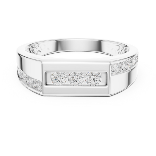 Men’s diamond ring with three horizontally set round diamonds in 935 silver

Bold white gold men’s ring featuring three-stone center and channel-set shoulders

Masculine men’s engagement or wedding ring with round-cut diamonds