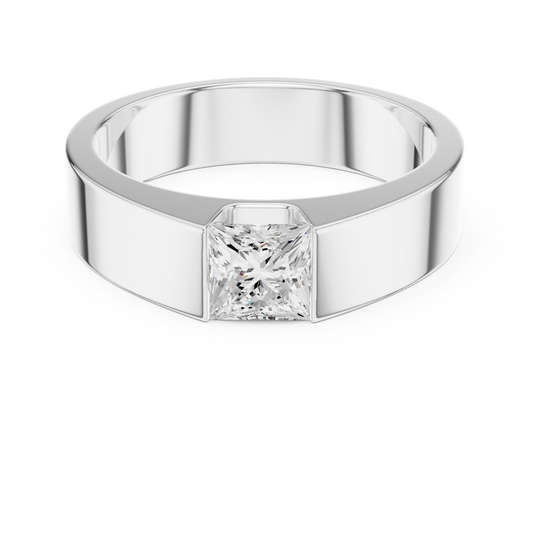 Princess-cut bar set diamond ring in 935 silver

Modern white gold ring featuring princess-cut diamond in bar setting

Contemporary women’s diamond ring with sleek bar-set princess cut stone