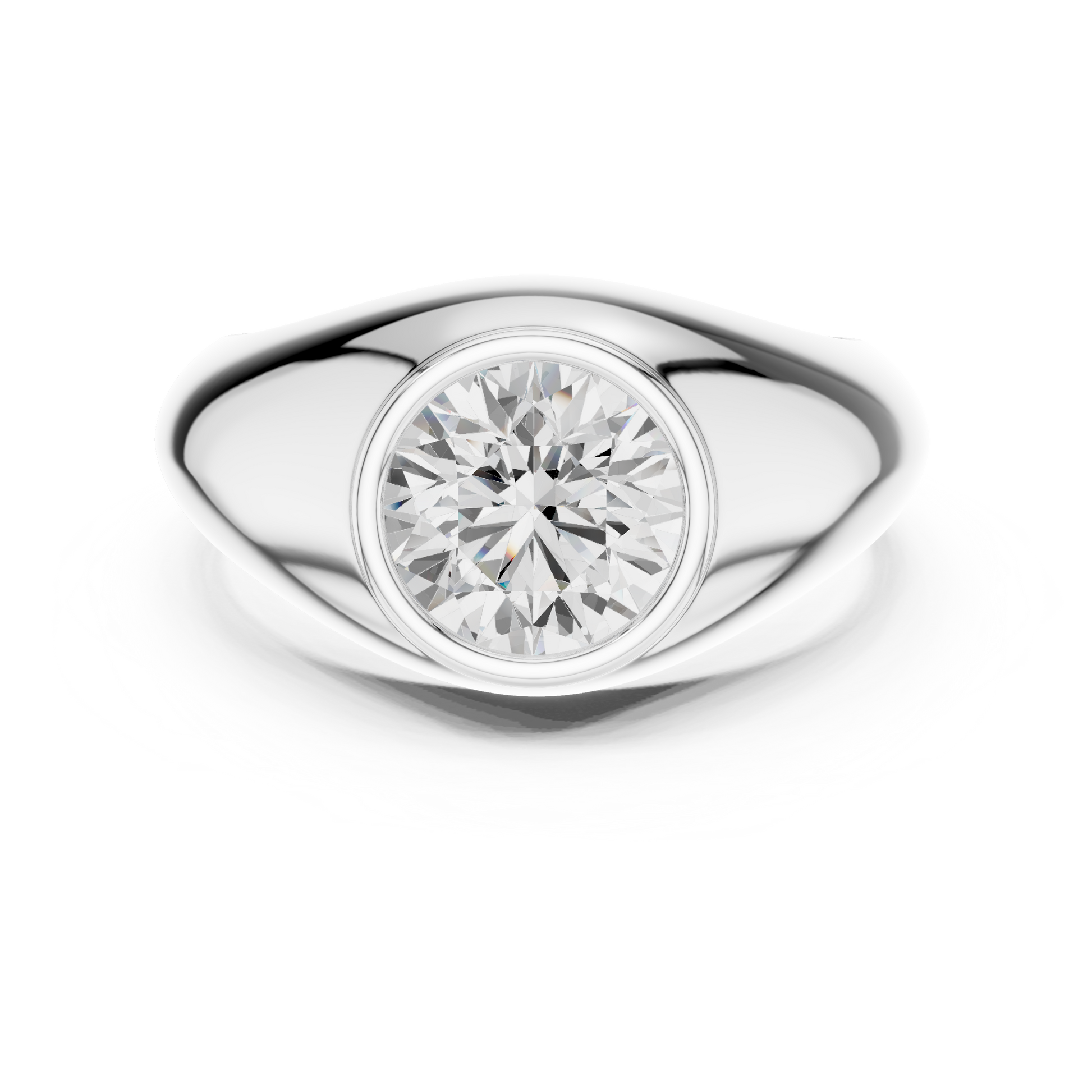 Men’s bezel-set engagement ring with round brilliant center stone in 935 silver

Modern white gold men’s ring featuring round diamond in bezel setting

Bold men’s engagement ring with bezel-set round center stone