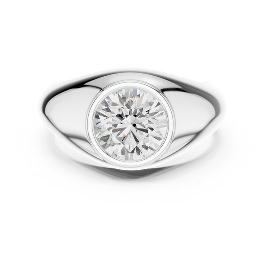 Men’s bezel-set engagement ring with round brilliant center stone in 935 silver

Modern white gold men’s ring featuring round diamond in bezel setting

Bold men’s engagement ring with bezel-set round center stone