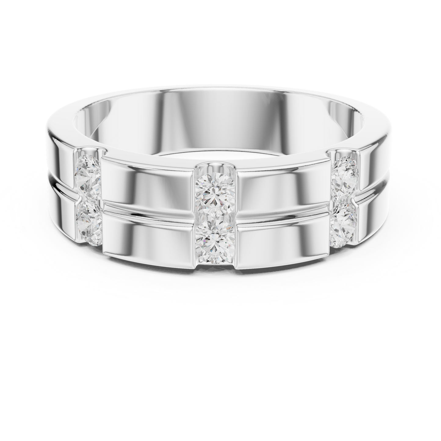 Men’s diamond ring featuring round-cut diamonds in 935 silver

Classic men’s white gold ring with round brilliant diamonds

Bold men’s diamond statement ring with round-cut stones
