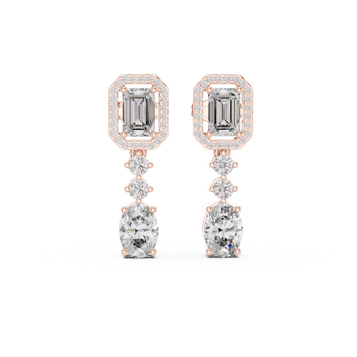 Emerald-Cut Drop Halo Dangler Earrings | Timeless Elegance