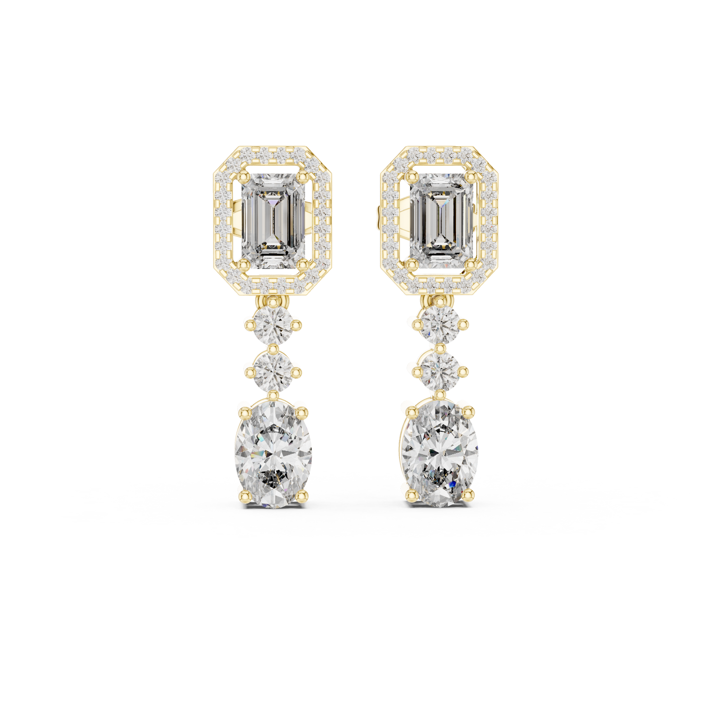 Emerald-Cut Drop Halo Dangler Earrings | Timeless Elegance