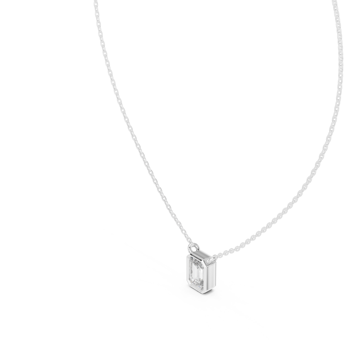 Emerald-cut lab-grown diamond pendant necklace

Emerald-cut moissanite solitaire pendant in white gold

Minimal emerald-cut pendant close-up