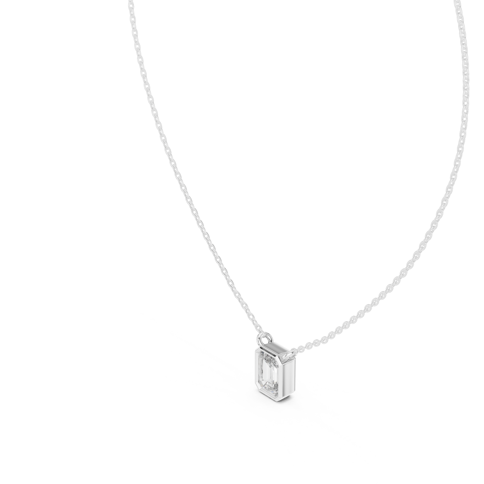 Emerald-cut lab-grown diamond pendant necklace

Emerald-cut moissanite solitaire pendant in white gold

Minimal emerald-cut pendant close-up
