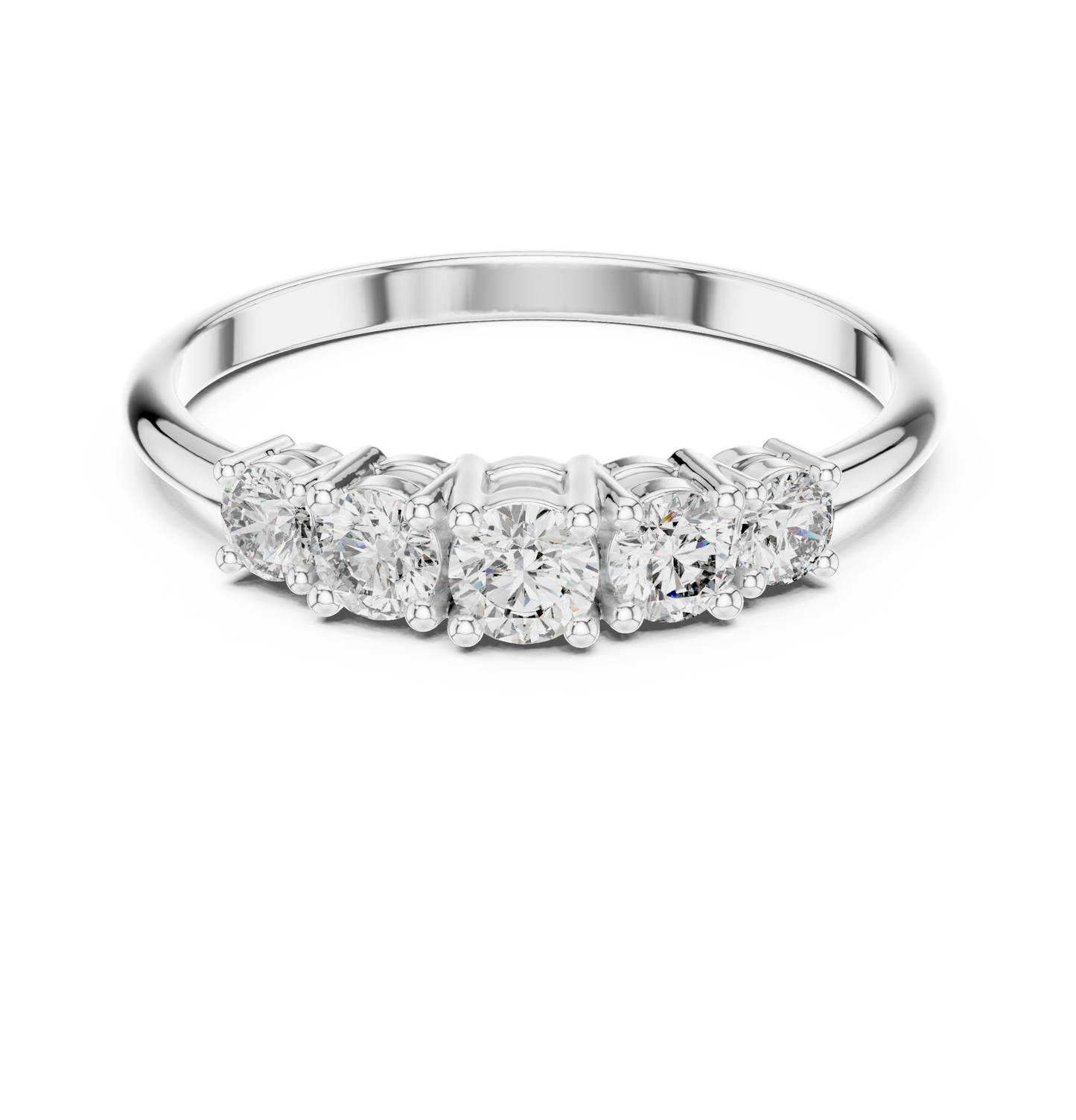 Five-stone lab-grown diamond ring in white gold

Elegant white gold anniversary ring with five sparkling diamonds

Modern women’s five-stone diamond ring for engagement or special occasions
