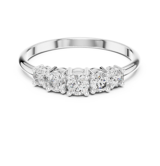 Five-stone lab-grown diamond ring in white gold

Elegant white gold anniversary ring with five sparkling diamonds

Modern women’s five-stone diamond ring for engagement or special occasions