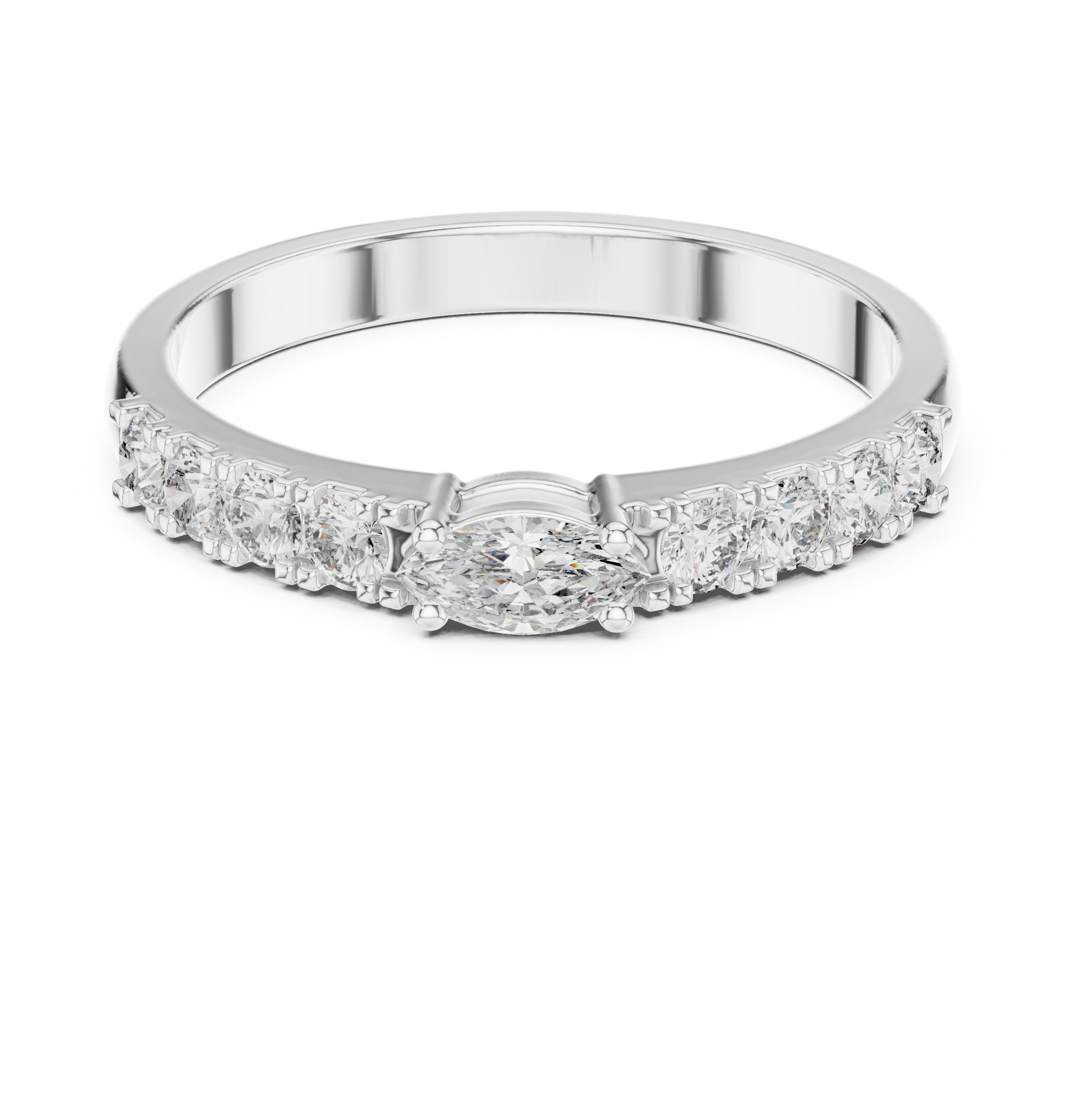 Marquise-cut diamond engagement ring with pavé-set side stones in 935 silver

Elegant white gold engagement ring featuring marquise center diamond and pavé accents

Modern bridal ring with sparkling marquise-cut center and pavé diamonds