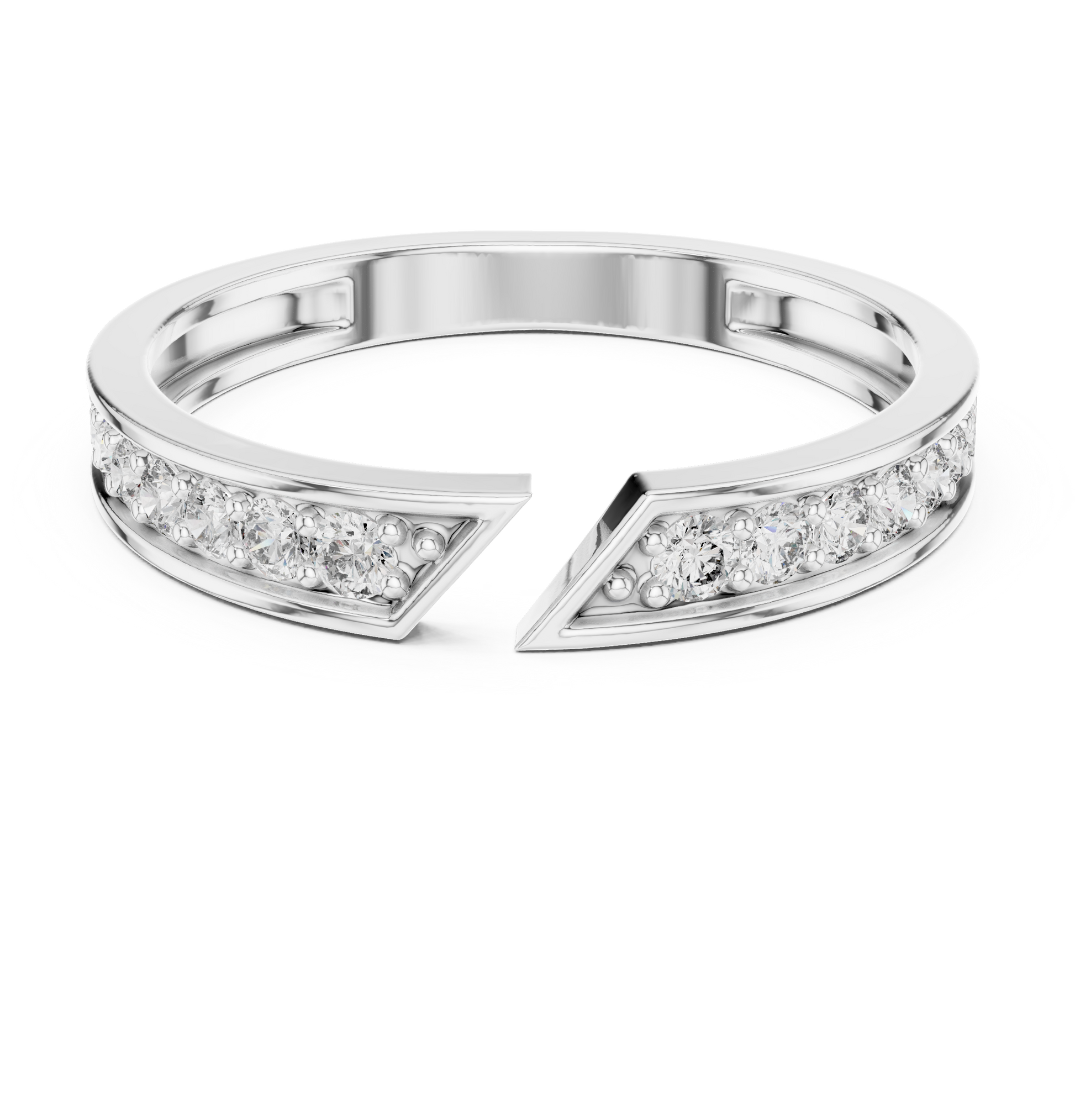 Diamond open-cuff ring with channel-set round diamonds in 935 silver

Elegant white gold open-cuff wedding band with round diamonds

Modern bridal or statement ring featuring channel-set diamonds