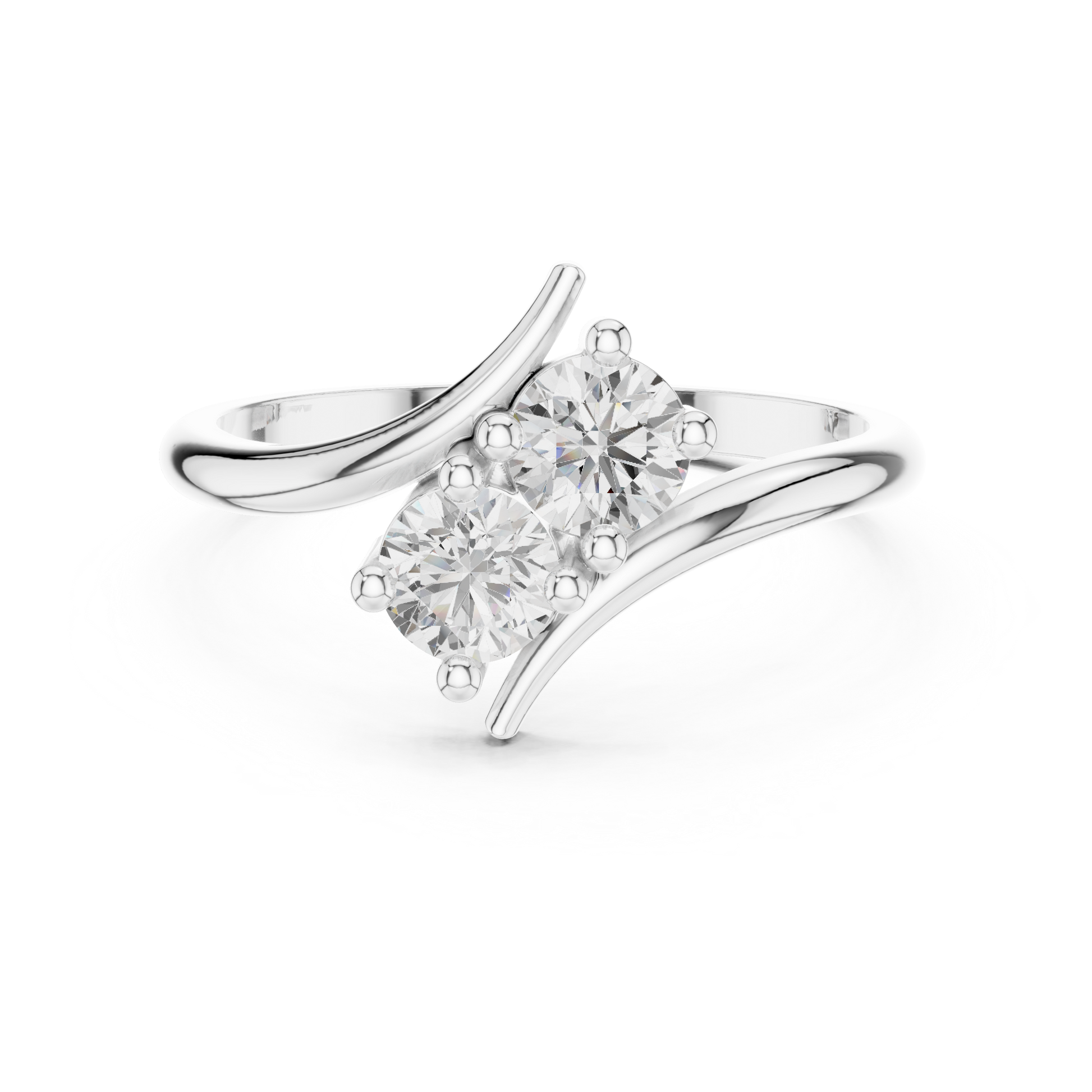Bypass two-stone diamond ring in 935 silver

Elegant crossover ring with two sparkling diamonds in white gold

Modern women’s diamond ring featuring two-stone bypass design