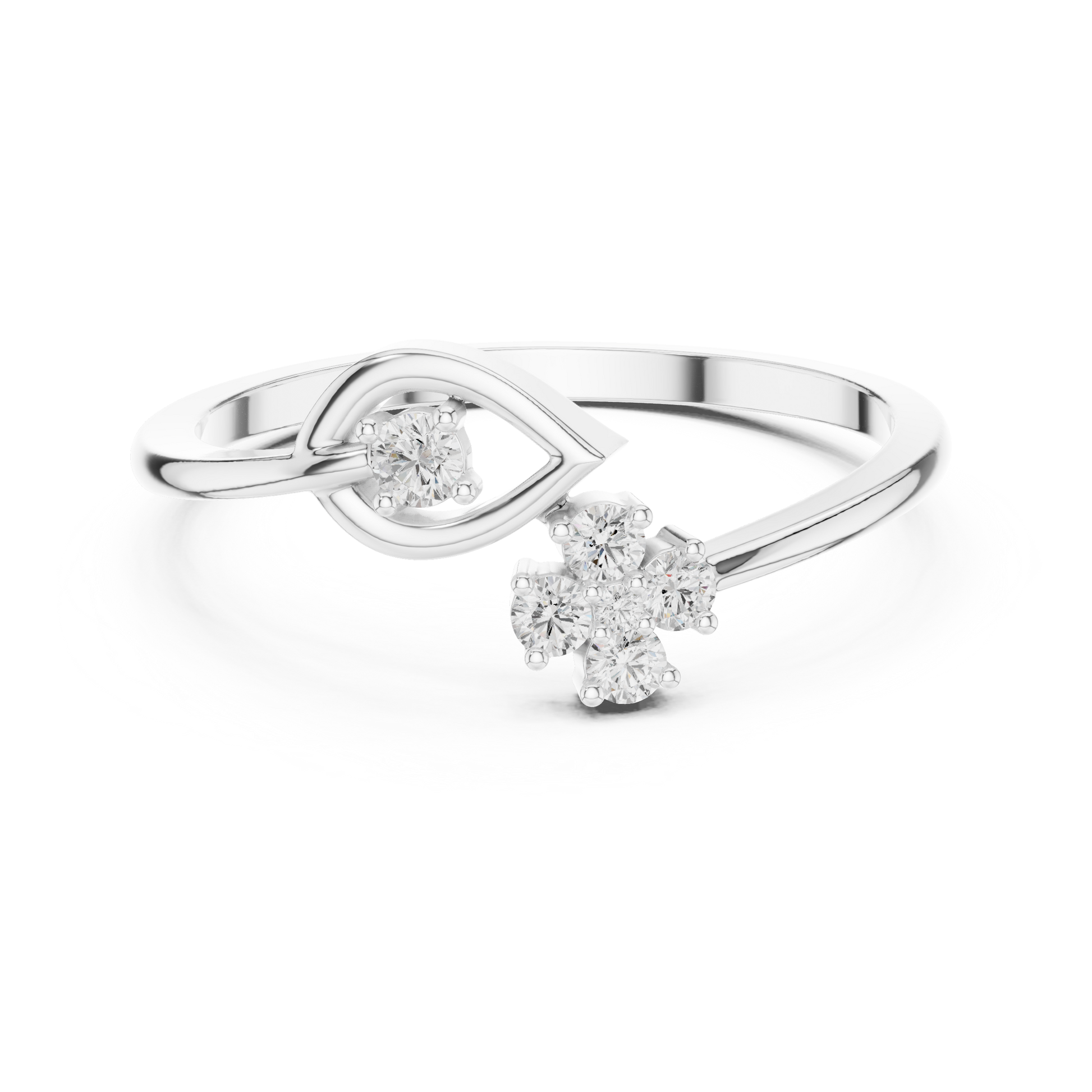 Floral bypass diamond ring in 935 silver

Elegant white gold bypass ring with floral diamond motifs

Modern women’s diamond ring featuring floral accents and intertwining bands