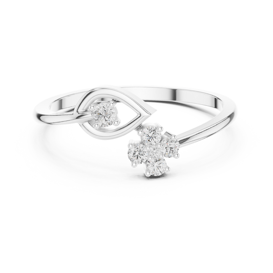 Floral bypass diamond ring in 935 silver

Elegant white gold bypass ring with floral diamond motifs

Modern women’s diamond ring featuring floral accents and intertwining bands