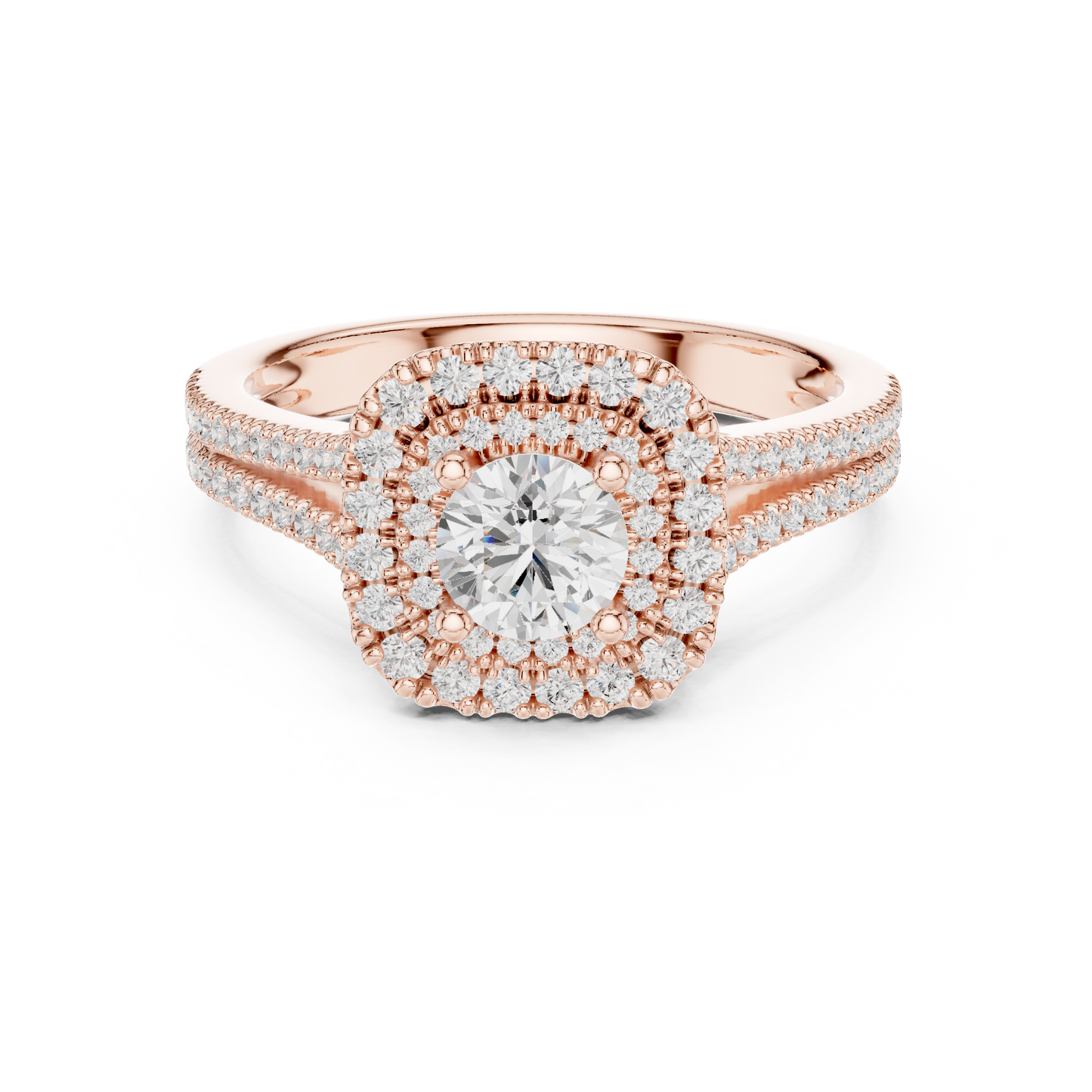 Round Diamond Double Halo Engagement Ring with Split-Shank Band | Lab-Grown Diamond