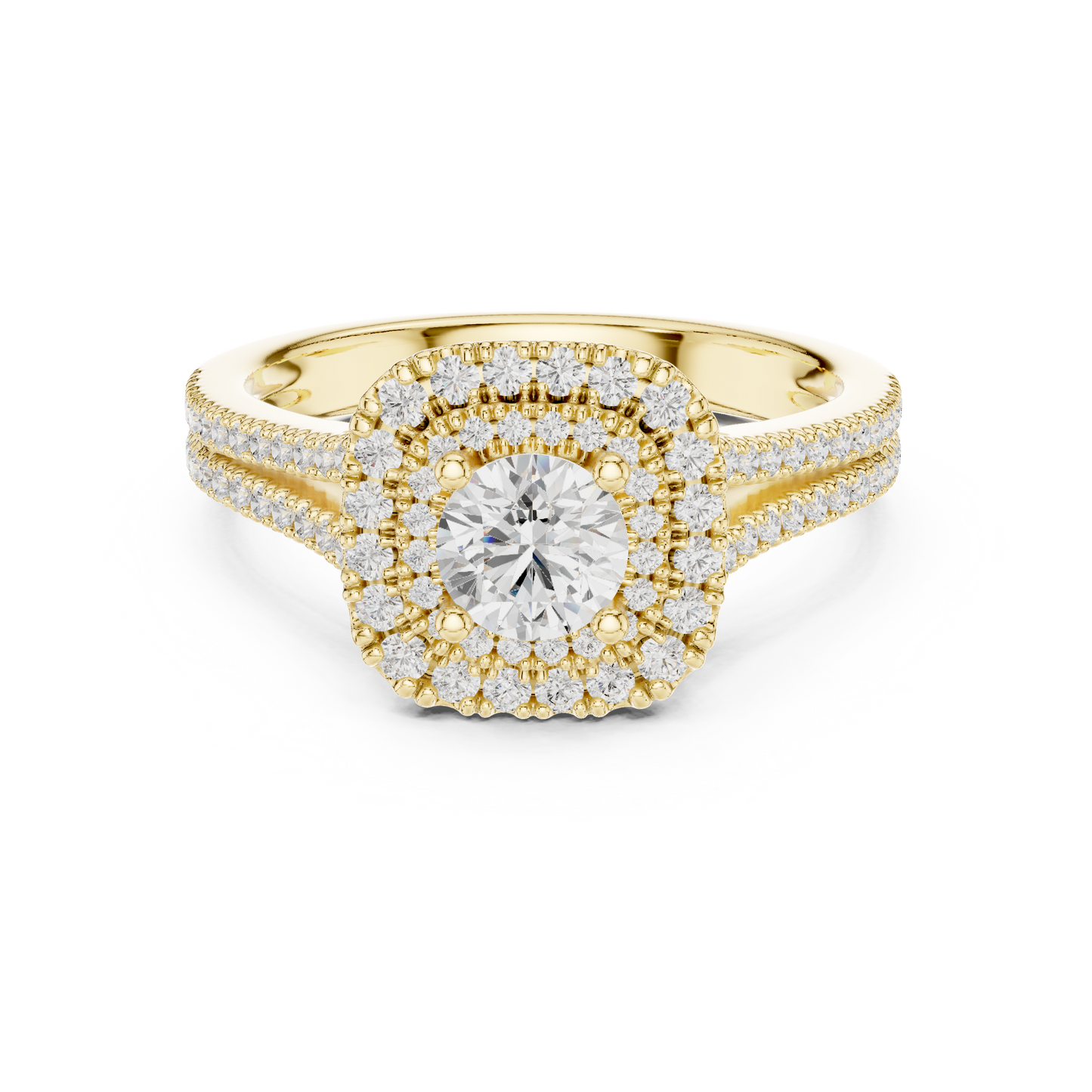 Round Diamond Double Halo Engagement Ring with Split-Shank Band | Lab-Grown Diamond