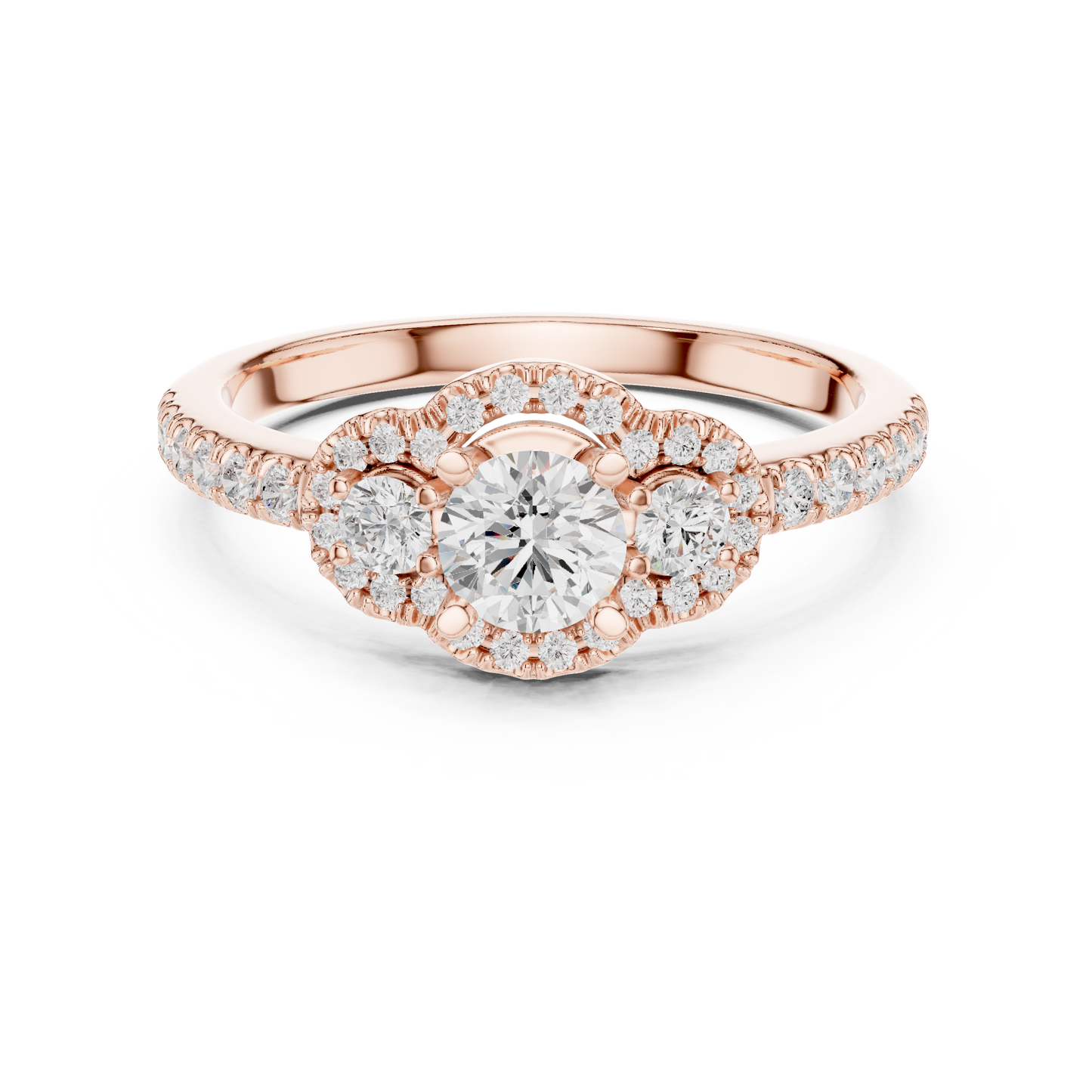 Halo Three-Stone Lab Diamond Engagement Ring | Round-Cut Center Stones