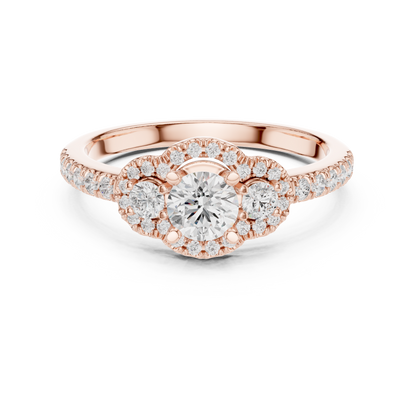 Halo Three-Stone Lab Diamond Engagement Ring | Round-Cut Center Stones