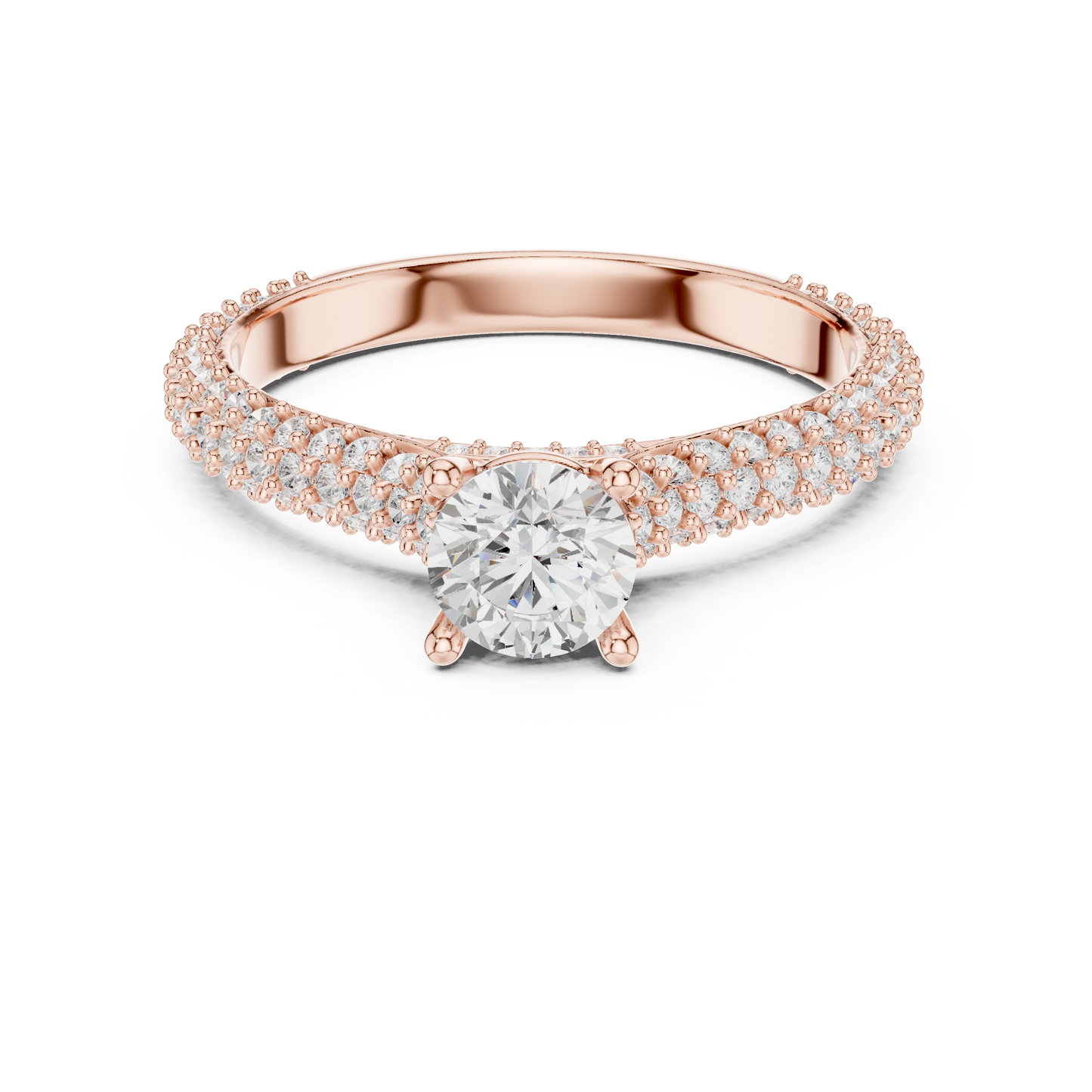 Round Solitaire Engagement Ring with Five-Row Diamond Pavé