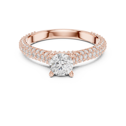 Round Solitaire Engagement Ring with Five-Row Diamond Pavé