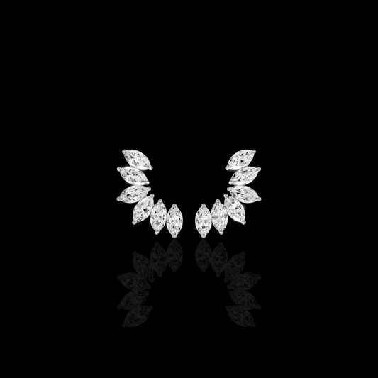 Marquise Diamond Cuff Earrings, Leaf Design Earrings, Silver Tone Statement Jewelry, Elegant Women's Party Earrings