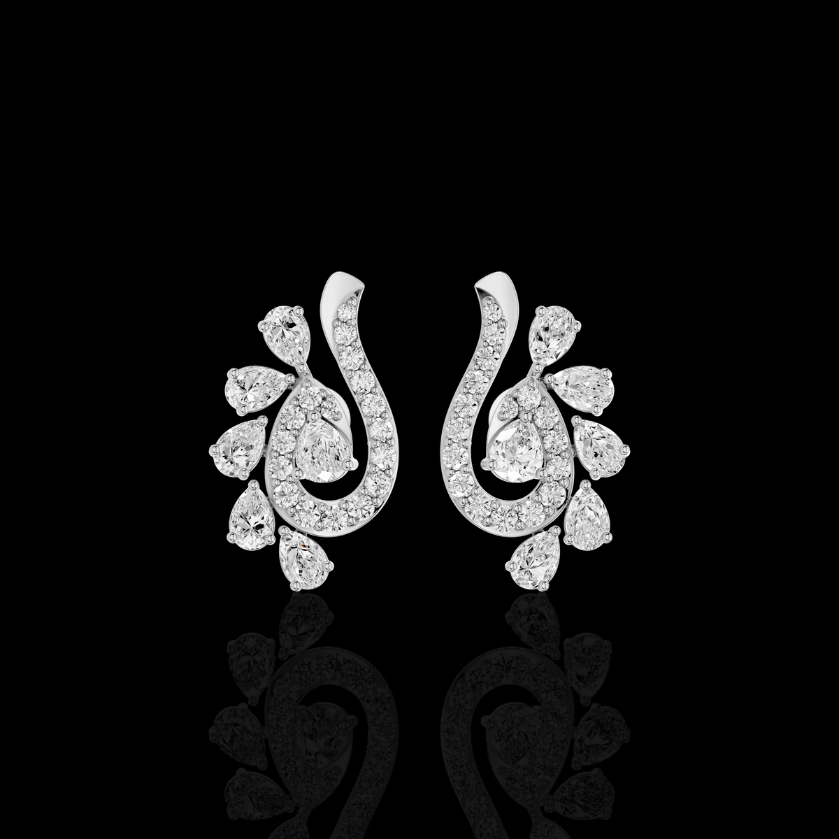 Pear Shape Diamond Drop Earrings, Elegant Swirl Floral Statement Earrings | Matisha Jewels