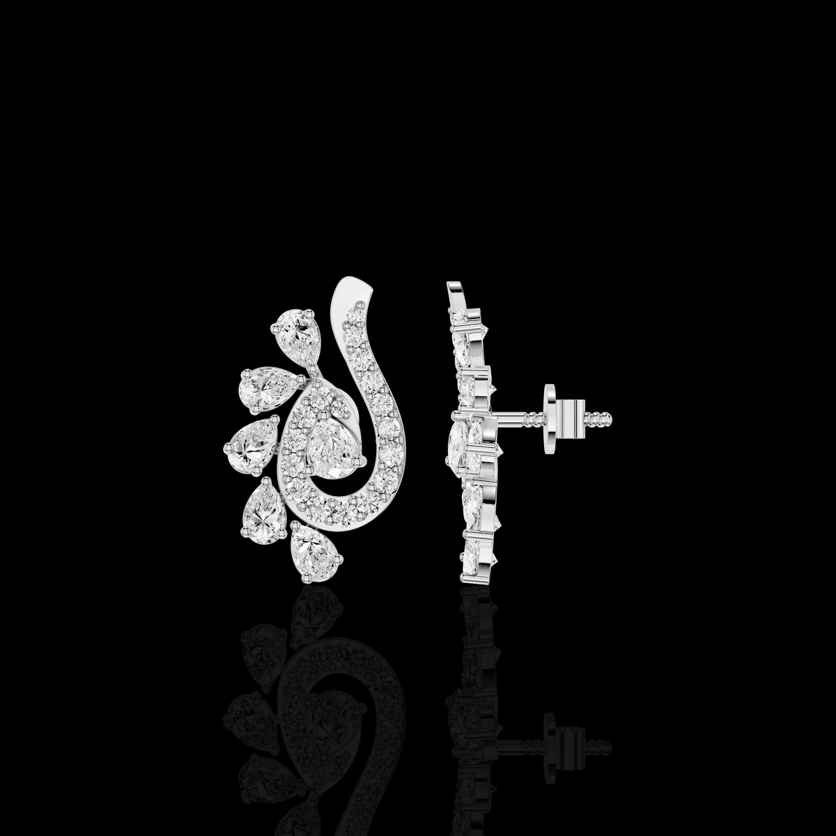 Pear Shape Diamond Drop Earrings, Elegant Swirl Floral Statement Earrings | Matisha Jewels