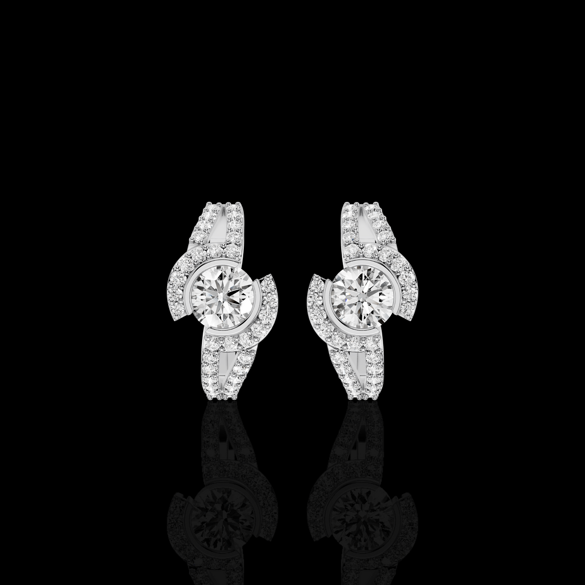 Elegant Round Diamond Earrings, Modern Curved Pavé Stud Earrings for Women, Luxury Look Fine Jewelry