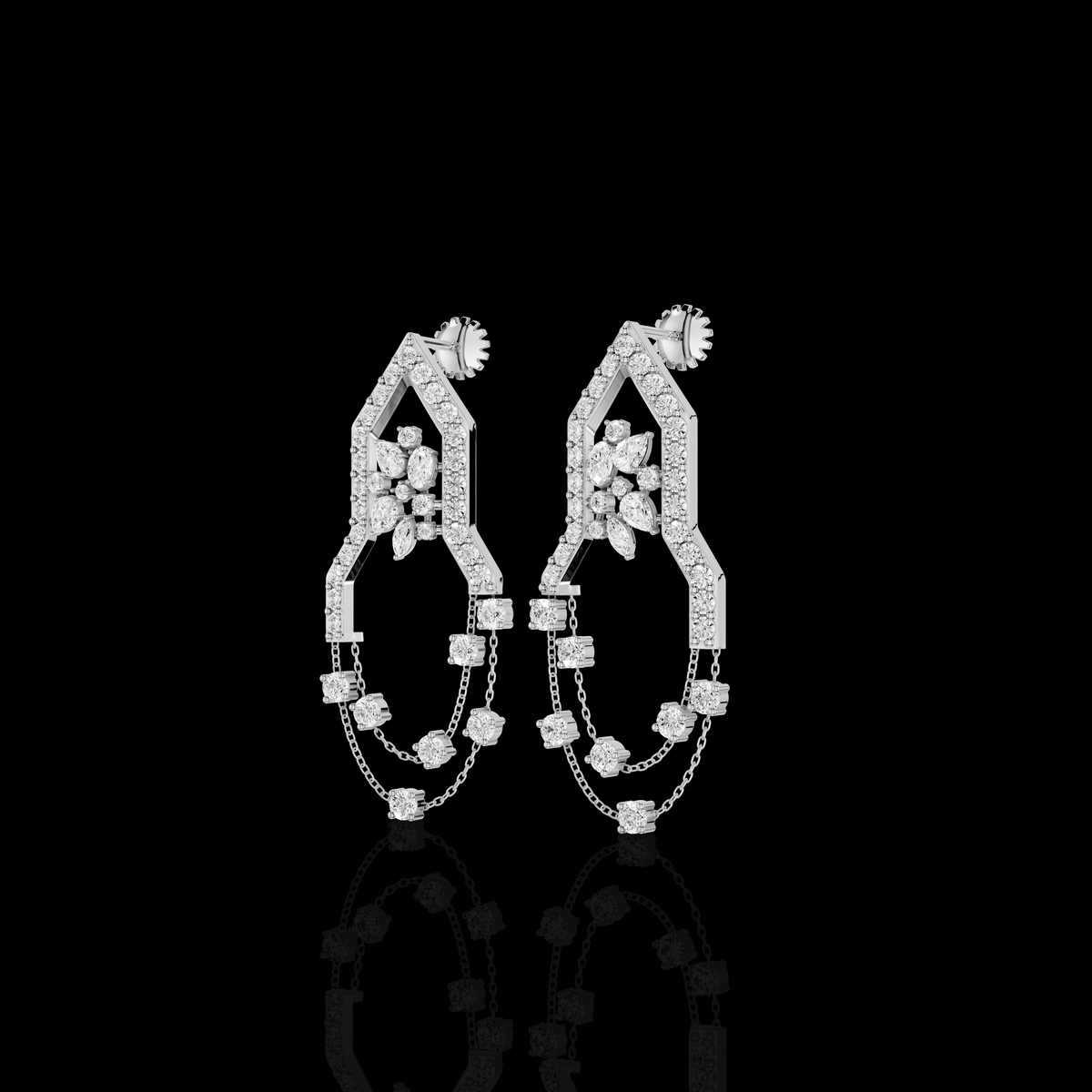 Silver Chandelier Earrings, Crystal Dangle Earrings, Geometric Statement Earrings, Bridal Wedding Jewelry for Women