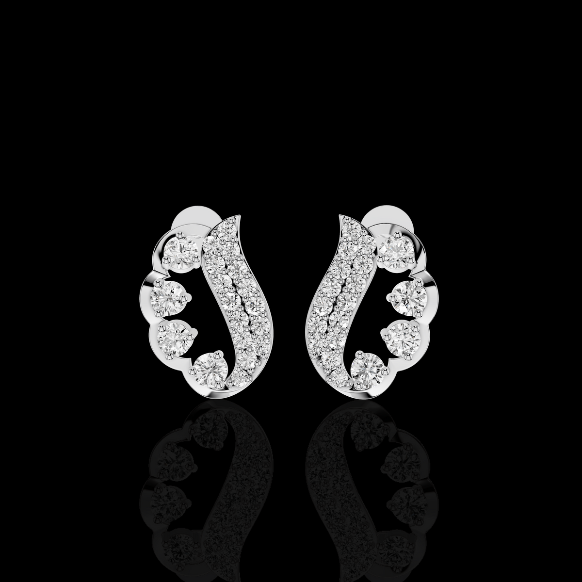 Curved Diamond Stud Earrings, Statement Earrings, Round Stone Pave Bridal Jewelry