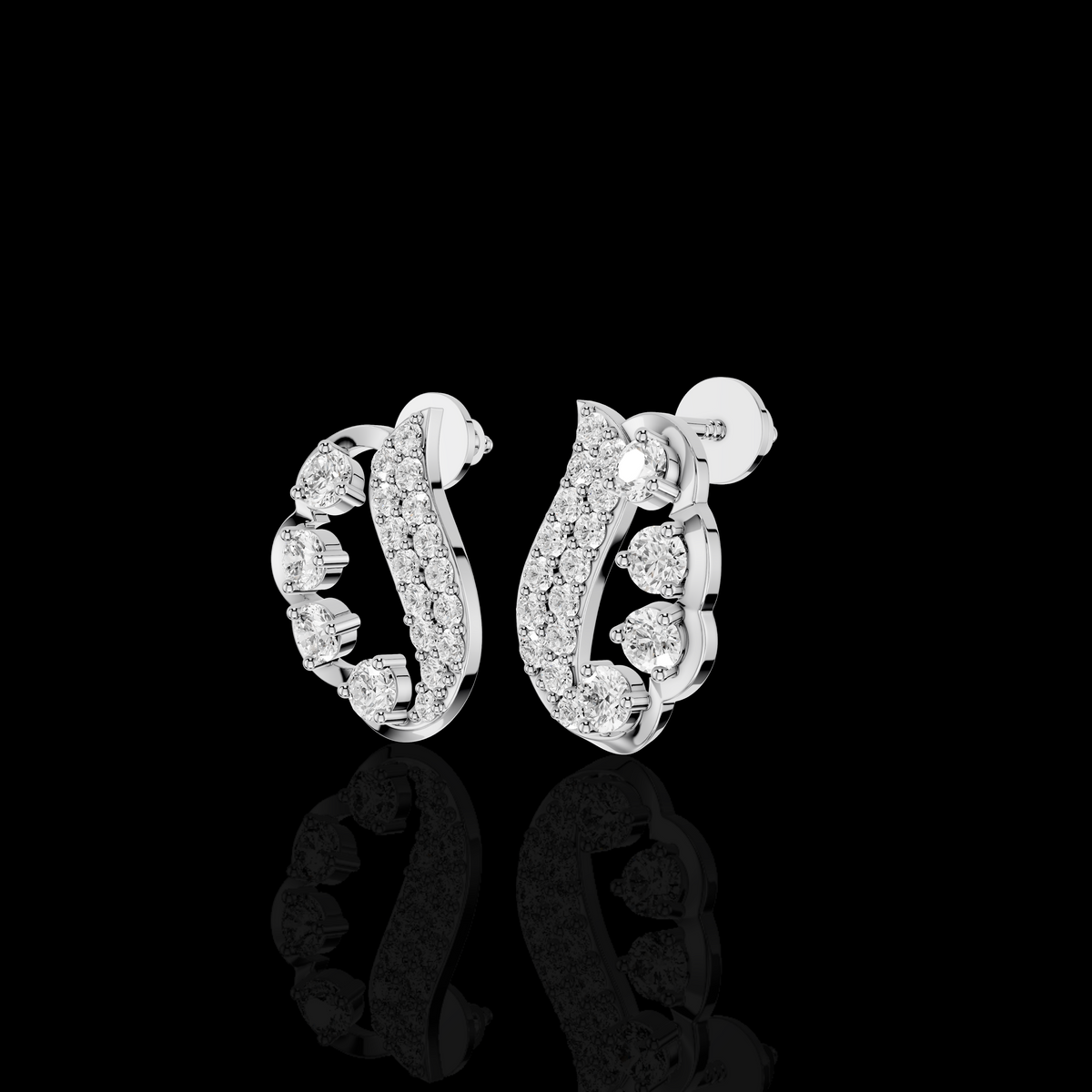 Curved Diamond Stud Earrings, Statement Earrings, Round Stone Pave Bridal Jewelry