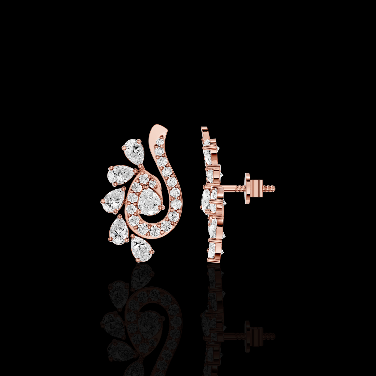 Pear Shape Diamond Drop Earrings, Elegant Swirl Floral Statement Earrings | Matisha Jewels